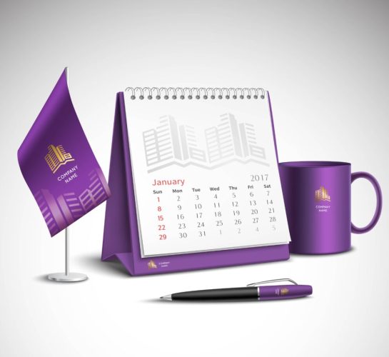 Calendar pen flag and cup corporate identity mockup set of purple color for your design on light background realistic vector illustration